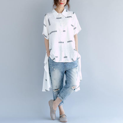 White Cotton Blouse Maxi T Shirts Low High Design Short Sleeve Cotton T Shirt