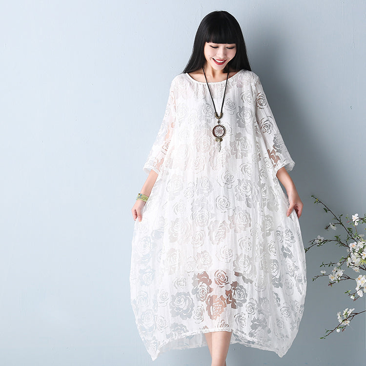 White Hollow Out Maxi Dresses O Neck Half Sleeve Summer Dress Asymmetric Summer Maxi Dress