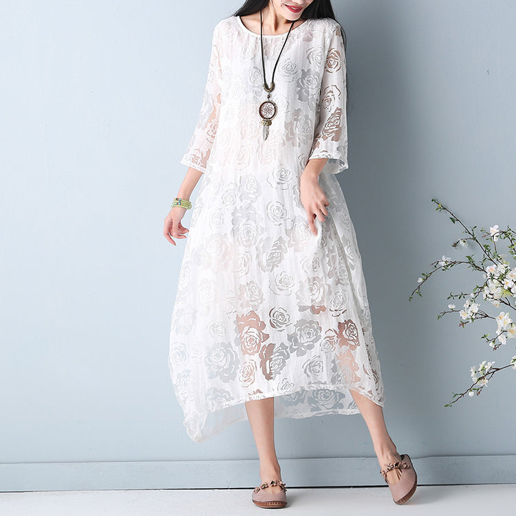 White Hollow Out Maxi Dresses O Neck Half Sleeve Summer Dress Asymmetric Summer Maxi Dress