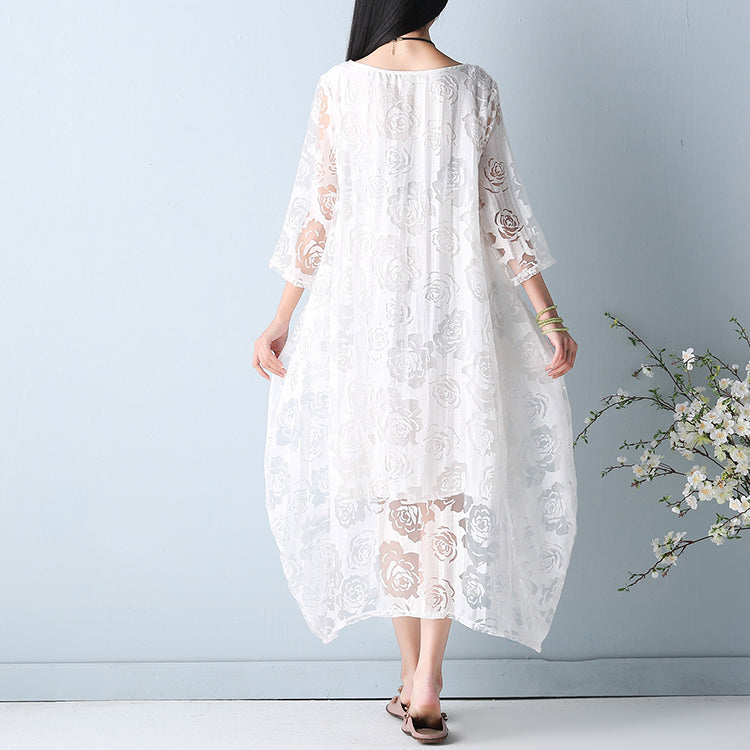 White Hollow Out Maxi Dresses O Neck Half Sleeve Summer Dress Asymmetric Summer Maxi Dress