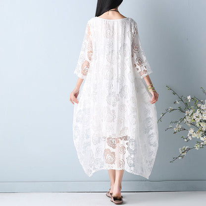 White Hollow Out Maxi Dresses O Neck Half Sleeve Summer Dress Asymmetric Summer Maxi Dress