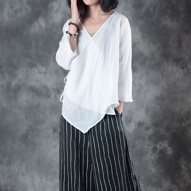 White Linen Blouse Clothing Linen Cotton T Shirt Half Sleeve V Neck Tie Waist Cotton Clothing