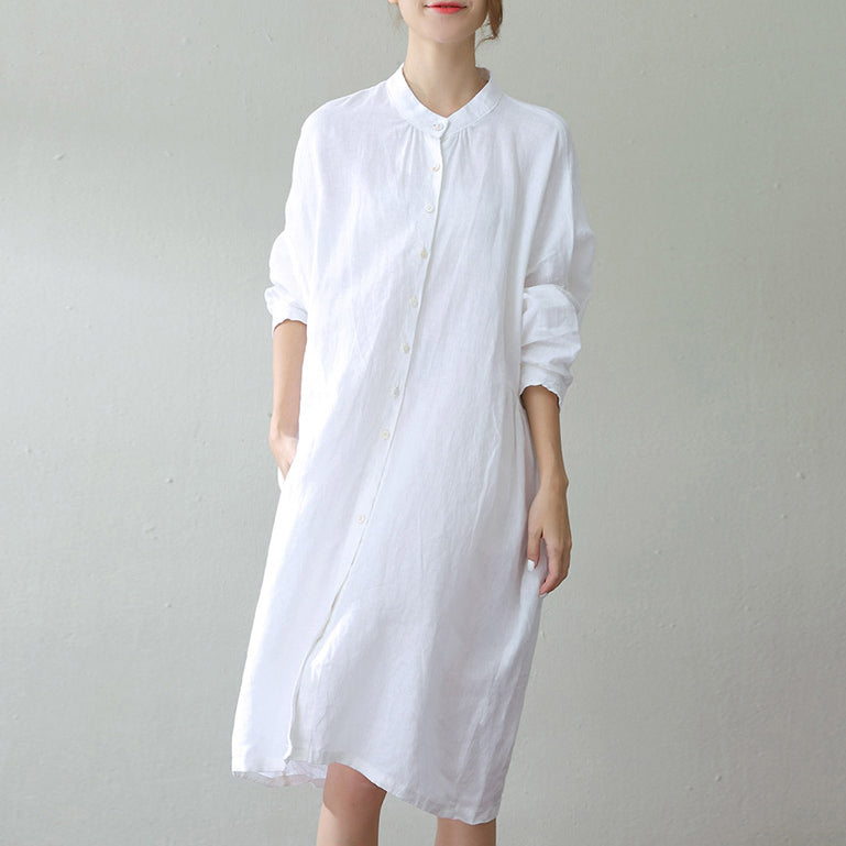White Linen Caftans Oversize Stand Cinched Caftans Fine Long Sleeve Pockets Kaftan