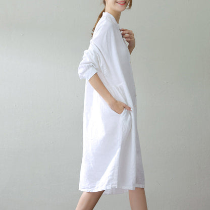White Linen Caftans Oversize Stand Cinched Caftans Fine Long Sleeve Pockets Kaftan
