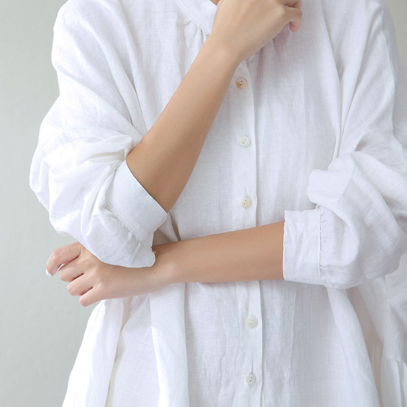 White Linen Caftans Oversize Stand Cinched Caftans Fine Long Sleeve Pockets Kaftan