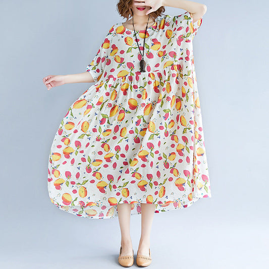 White Long Cotton Linen Dresses Short Sleeve Print Baggy Dresses V Neck Cotton Linen Dresses