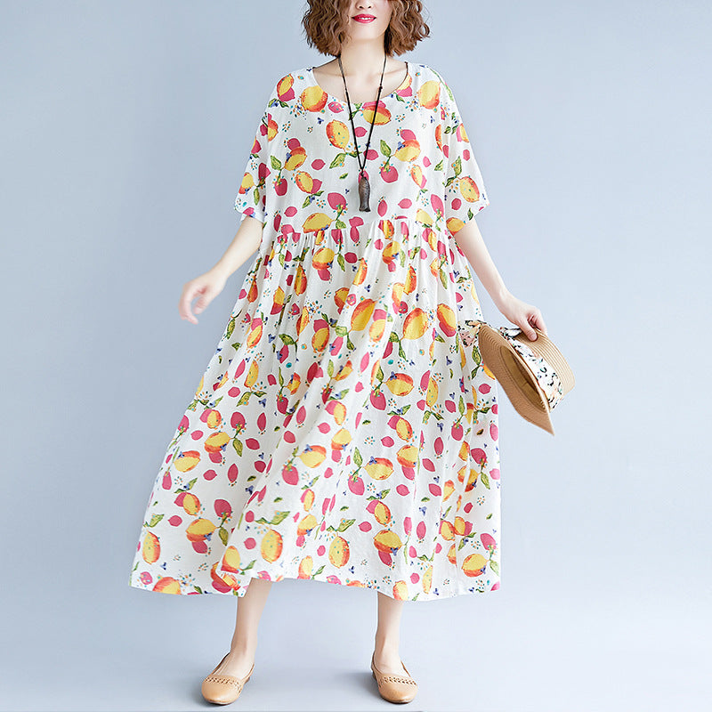 White Long Cotton Linen Dresses Short Sleeve Print Baggy Dresses V Neck Cotton Linen Dresses