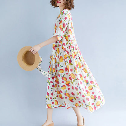 White Long Cotton Linen Dresses Short Sleeve Print Baggy Dresses V Neck Cotton Linen Dresses