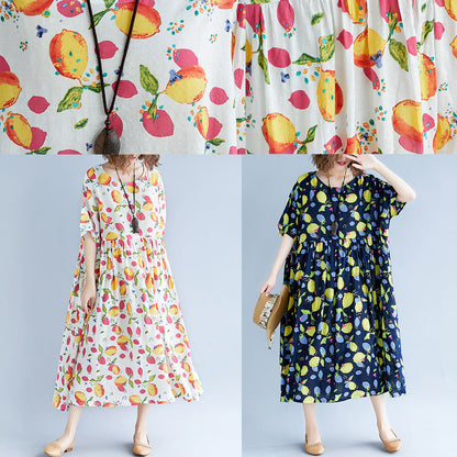 White Long Cotton Linen Dresses Short Sleeve Print Baggy Dresses V Neck Cotton Linen Dresses