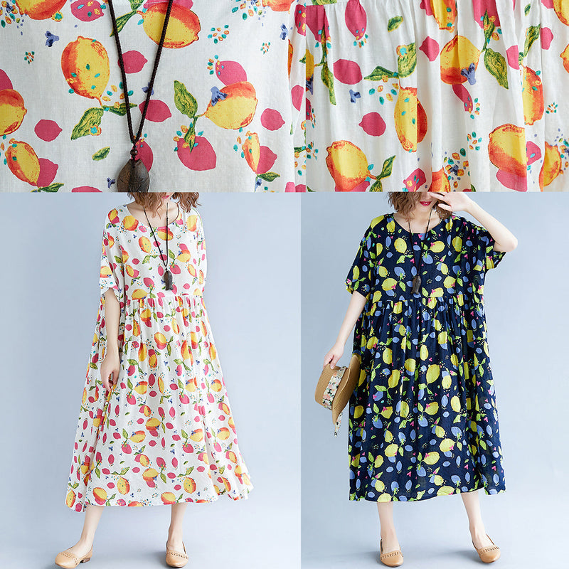 White Long Cotton Linen Dresses Short Sleeve Print Baggy Dresses V Neck Cotton Linen Dresses