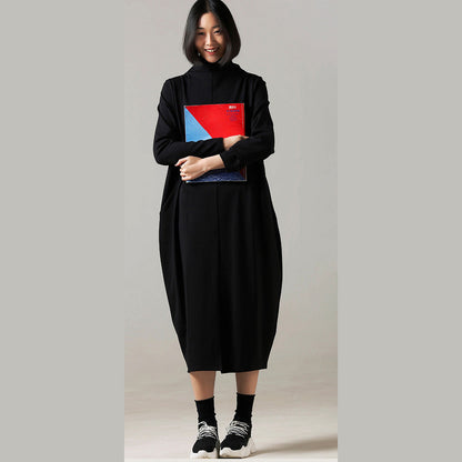Red Cotton Dresses Long Front Open High Neck Dress