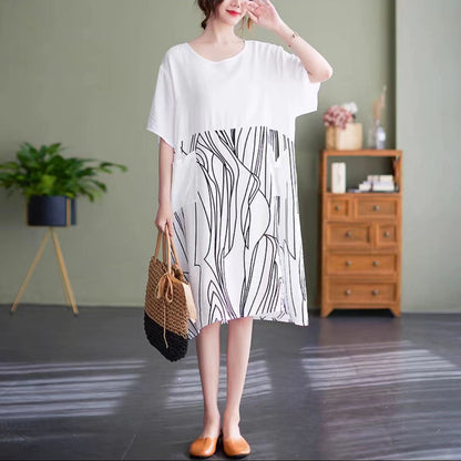 Black Midi Cotton Dresses Clothing Dress Patchwork O Neck Short Sleeve Cotton Dress