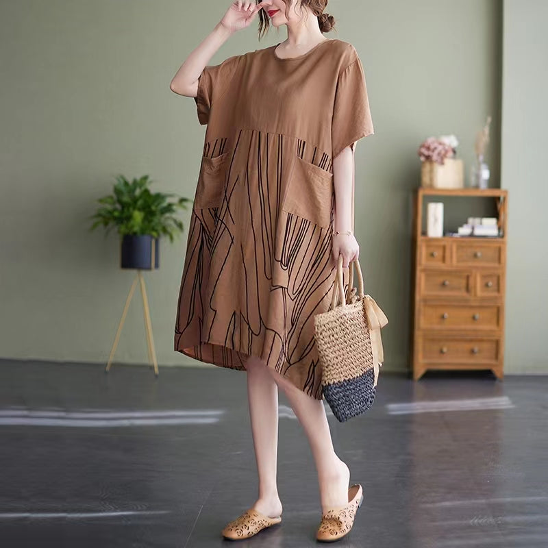 Black Midi Cotton Dresses Clothing Dress Patchwork O Neck Short Sleeve Cotton Dress