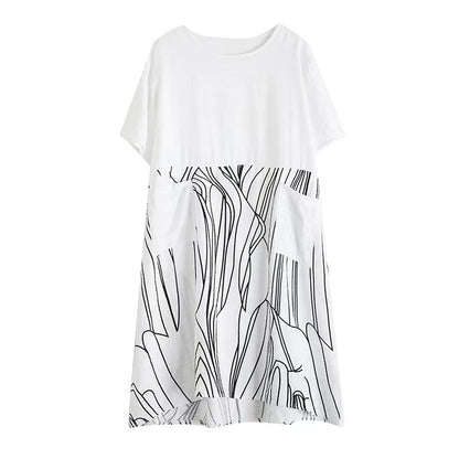 Black Midi Cotton Dresses Clothing Dress Patchwork O Neck Short Sleeve Cotton Dress