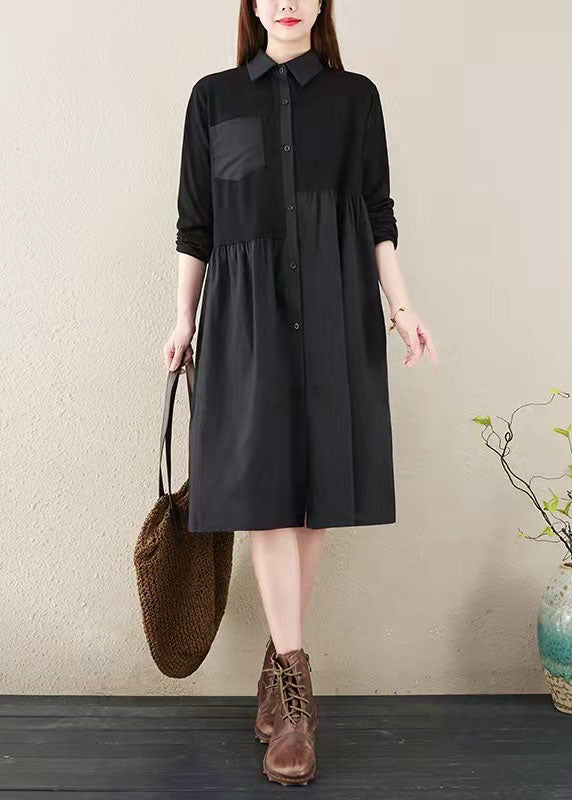 Black Striped Natural Cotton Linen Dress Shirt Dress Long Sleeve Side Open Stand Baggy Dresses