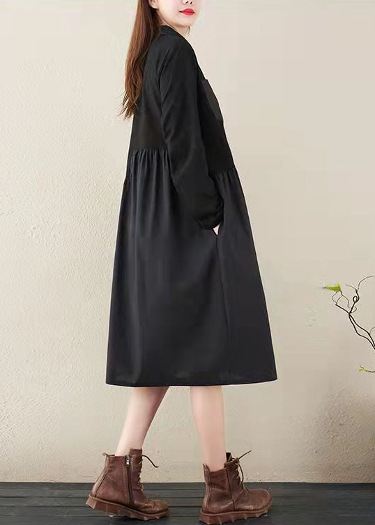 Black Striped Natural Cotton Linen Dress Shirt Dress Long Sleeve Side Open Stand Baggy Dresses