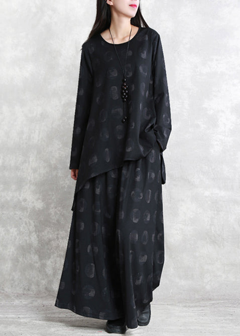 Black Print Blouse Pants Two Pieces Set Asymmetric O Neck