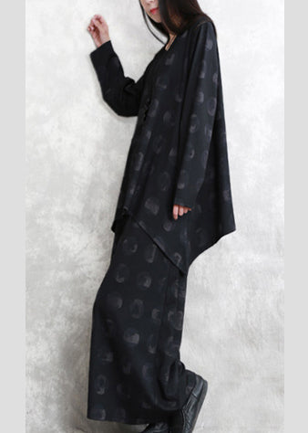 Black Print Blouse Pants Two Pieces Set Asymmetric O Neck