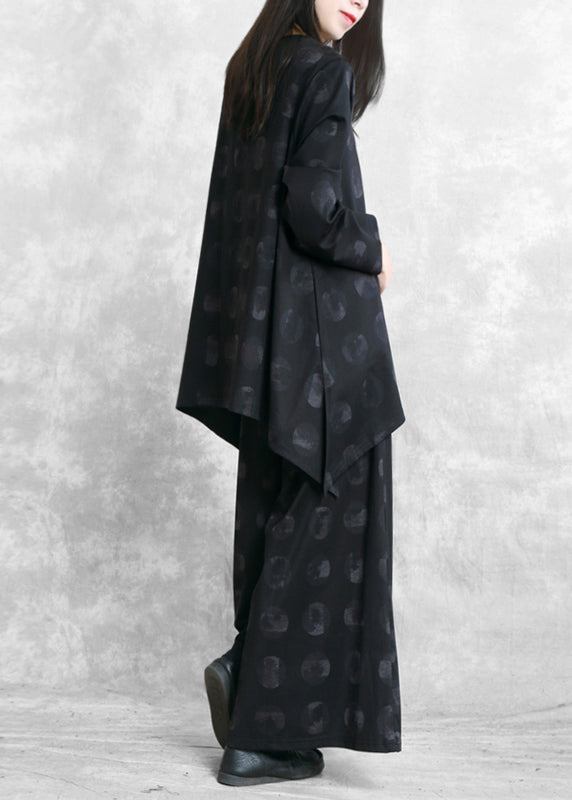 Black Print Blouse Pants Two Pieces Set Asymmetric O Neck