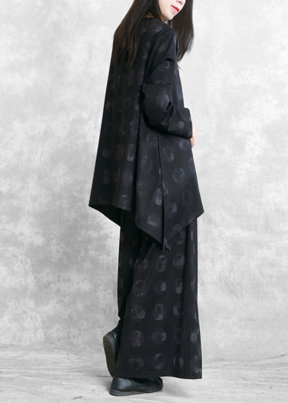 Black Print Blouse Pants Two Pieces Set Asymmetric O Neck