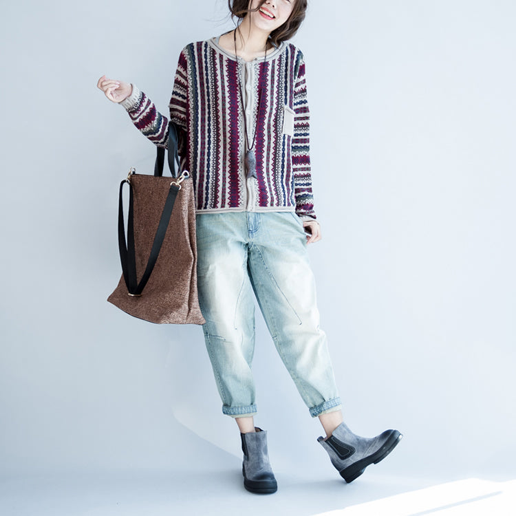 Fine Cotton Striped Knit Cardigans Long Sleeve Short Sweater Outwear