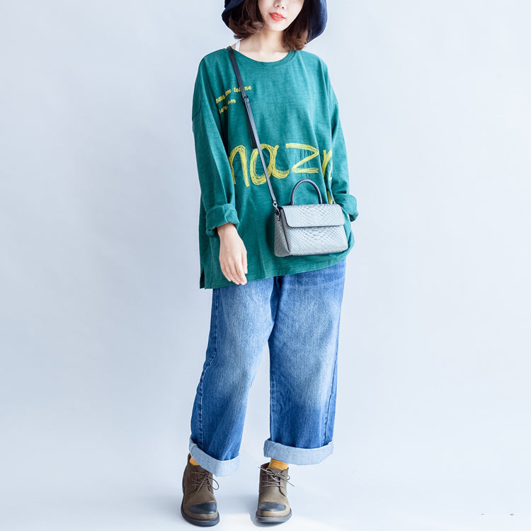 Fine Cotton T Shirt Green Alphabet Embroidery Pullover Batwing Sleeve Tops