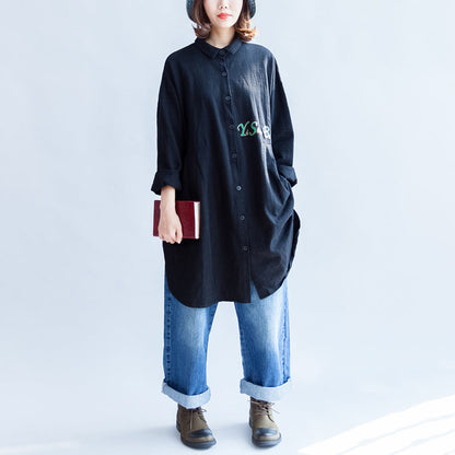 front alphabet embroidery black cotton  tops plus size long sleeve mid long shirts