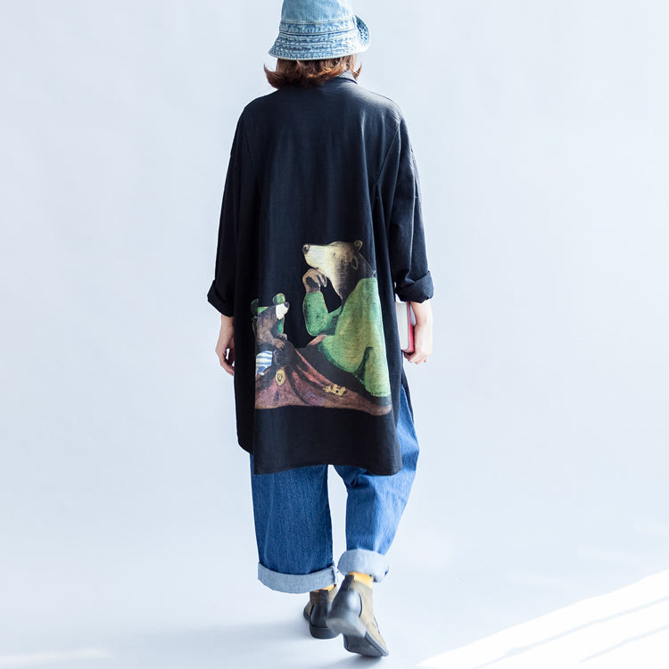 Front Alphabet Embroidery Black Cotton Tops Long Sleeve Mid Long Shirts