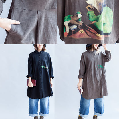 front alphabet embroidery black cotton  tops plus size long sleeve mid long shirts