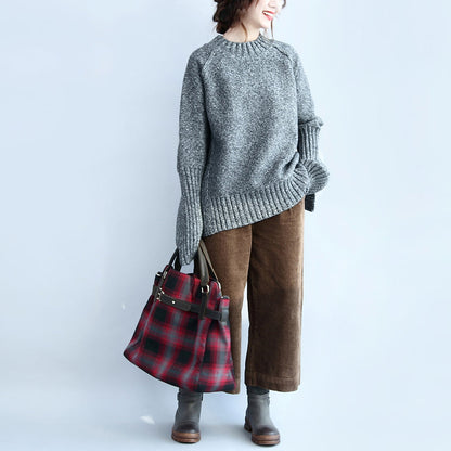 Gray Casaul Cotton Sweater Back Side Open Long Sleeve Knit Tops