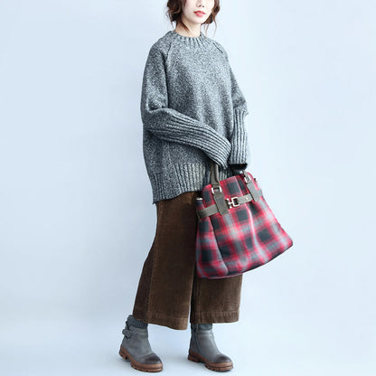 Gray Casaul Cotton Sweater Back Side Open Long Sleeve Knit Tops