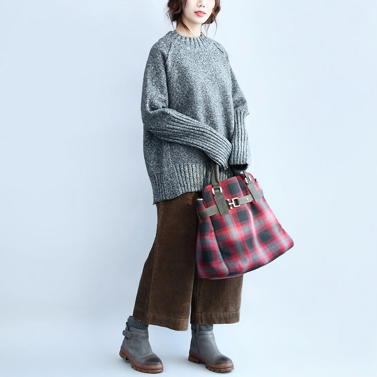 Gray Casaul Cotton Sweater Back Side Open Long Sleeve Knit Tops
