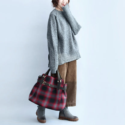 Gray Casaul Cotton Sweater Back Side Open Long Sleeve Knit Tops