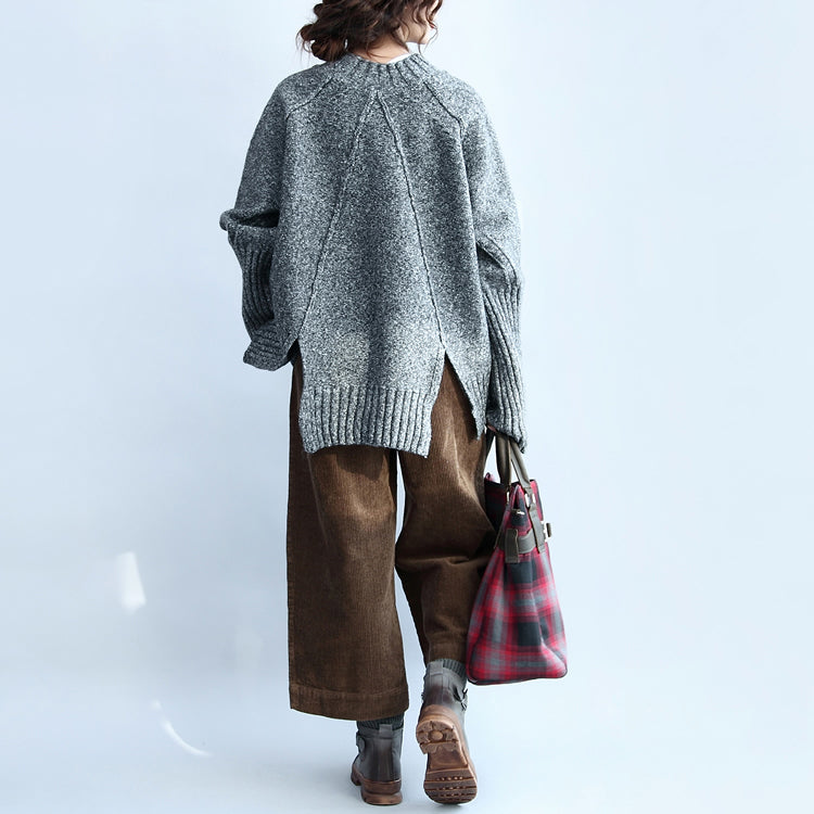 Gray Casaul Cotton Sweater Back Side Open Long Sleeve Knit Tops