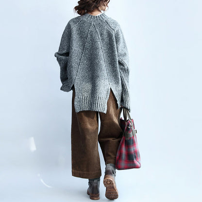 Gray Casaul Cotton Sweater Back Side Open Long Sleeve Knit Tops