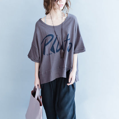 Gray Alphabet Prints Cotton Tops Short Sleeve Wild T Shirt