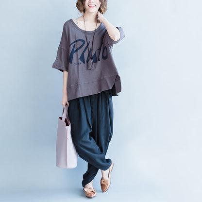 Gray Alphabet Prints Cotton Tops Short Sleeve Wild T Shirt