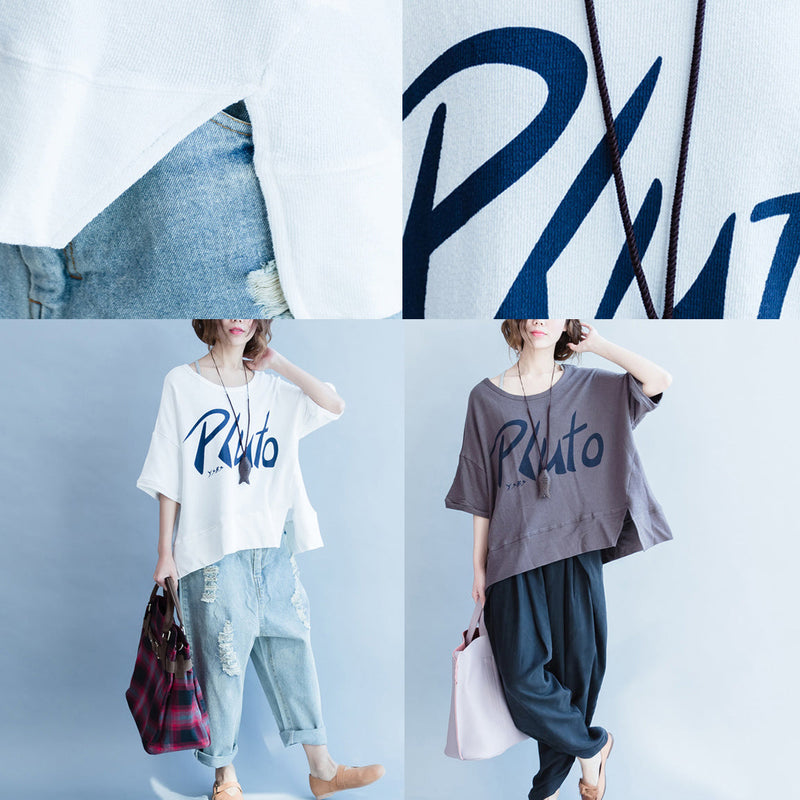 Gray Alphabet Prints Cotton Tops Short Sleeve Wild T Shirt