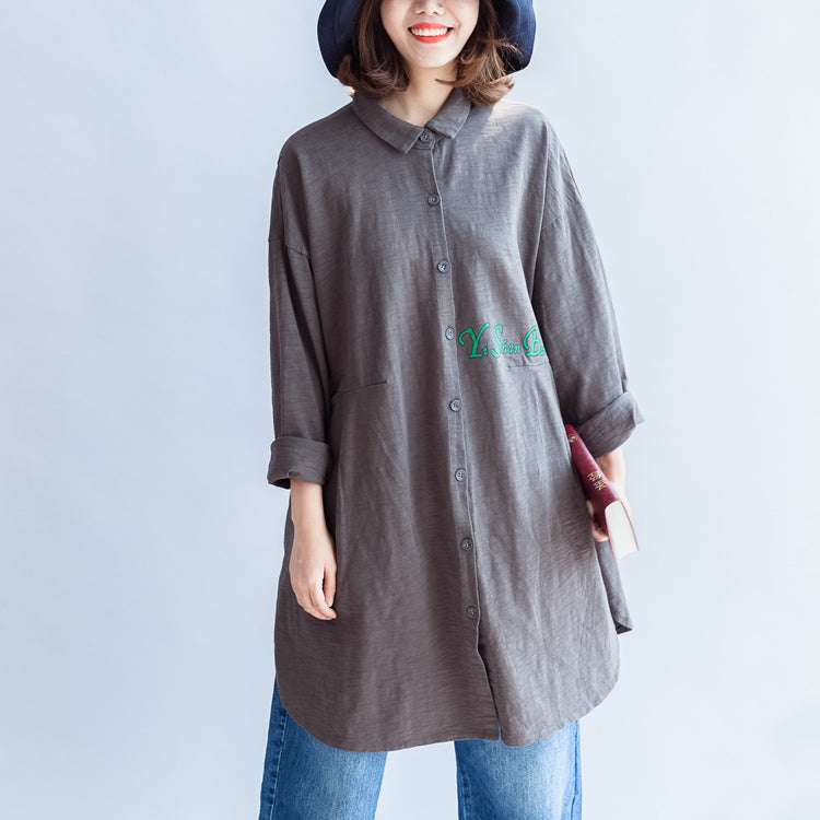Gray Autumn Back Print Cotton Shirts Oversize Front Embroidery Alphabet Lapel Blouse