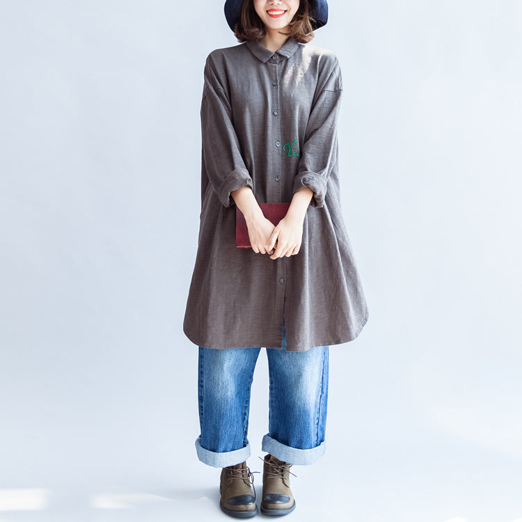 Gray Autumn Back Print Cotton Shirts Oversize Front Embroidery Alphabet Lapel Blouse