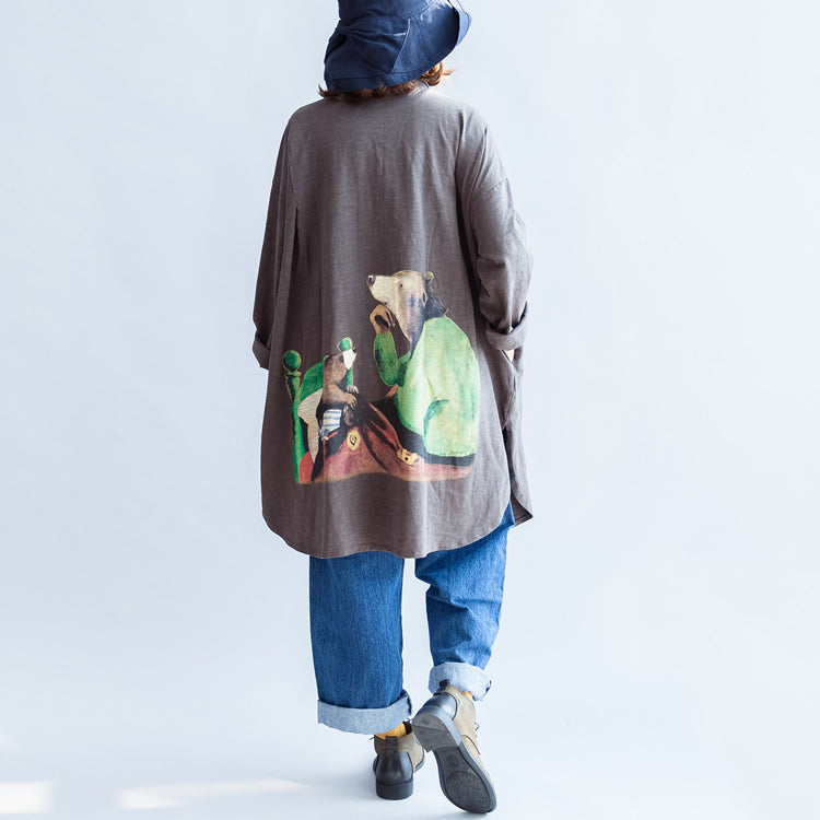 Gray Autumn Back Print Cotton Shirts Oversize Front Embroidery Alphabet Lapel Blouse