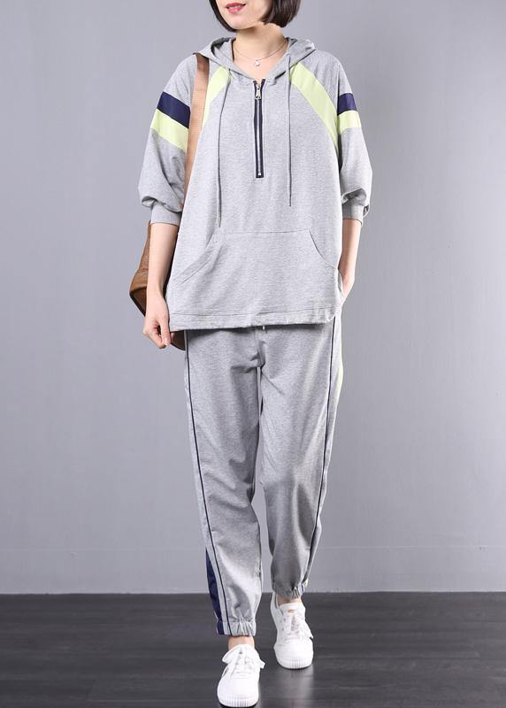 Gray Cotton Two Pieces Hooded Top and Elastic Waist Pants