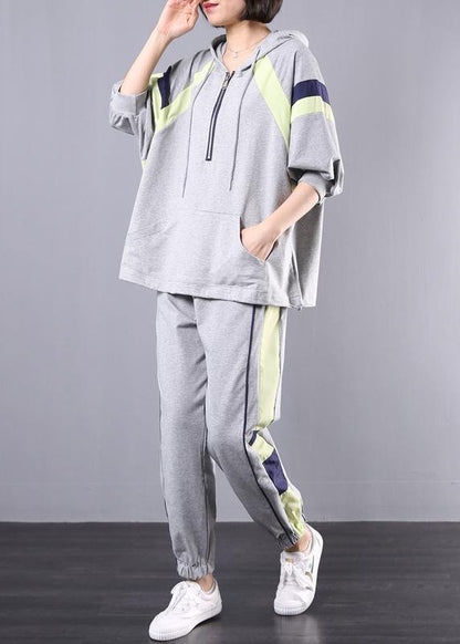 gray cotton casual two pieces hooded plus size top and elastic waist pants