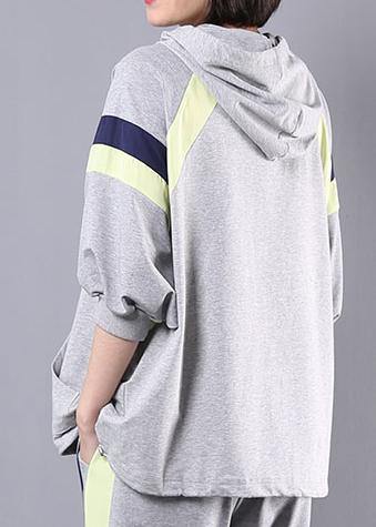 Gray Cotton Two Pieces Hooded Top and Elastic Waist Pants