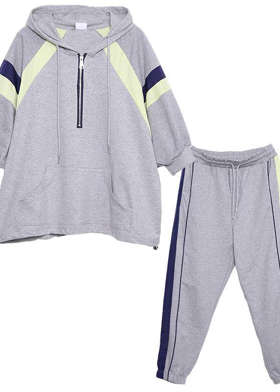 Gray Cotton Two Pieces Hooded Top and Elastic Waist Pants