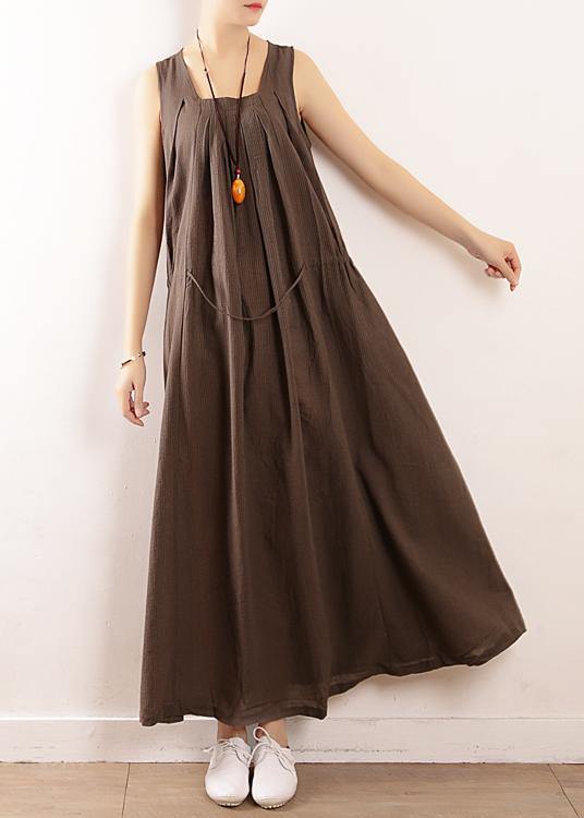 Gray Cotton Clothes for Runway Sleeveless Drawstring Maxi Summer Dresses