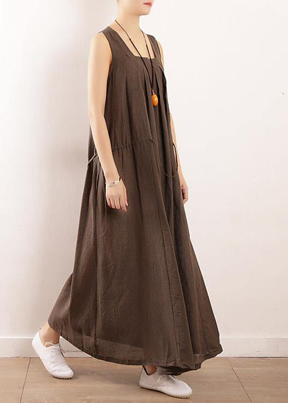 Gray Cotton Clothes for Runway Sleeveless Drawstring Maxi Summer Dresses