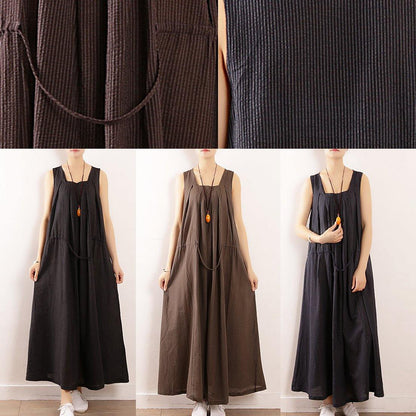 Gray Cotton Clothes for Runway Sleeveless Drawstring Maxi Summer Dresses