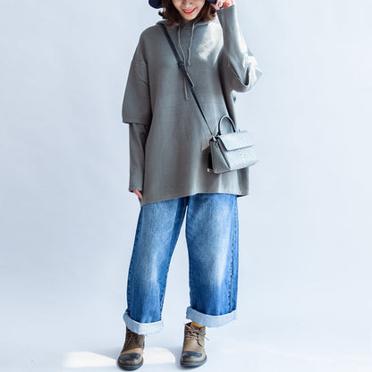 Gray Green Hooded Woolen Blended Outwear Oversize Print Knit Coats