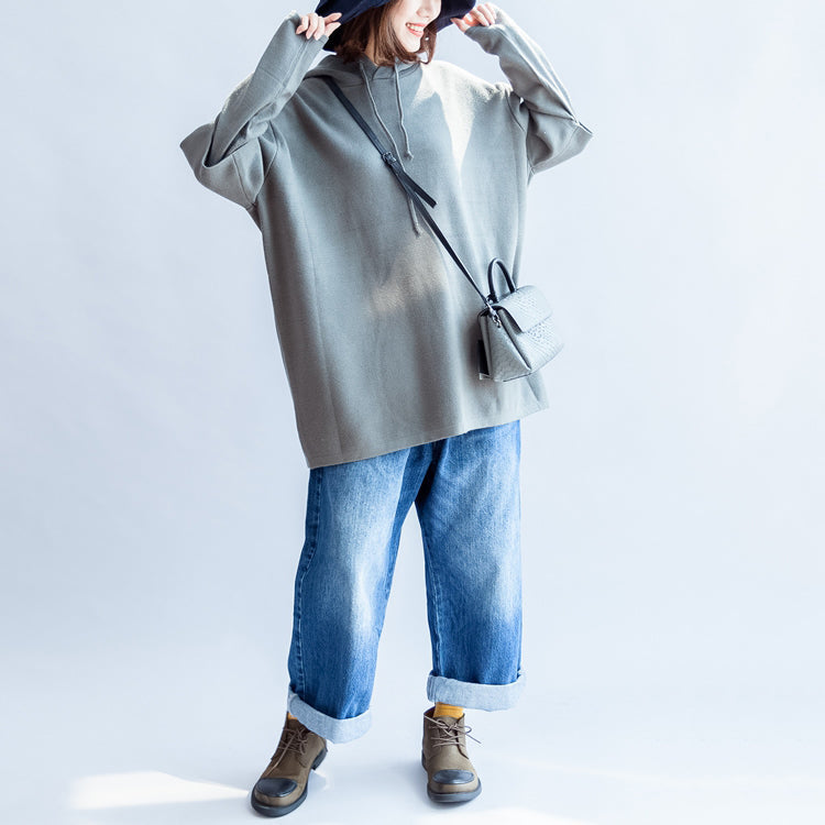 Gray Green Hooded Woolen Blended Outwear Oversize Print Knit Coats